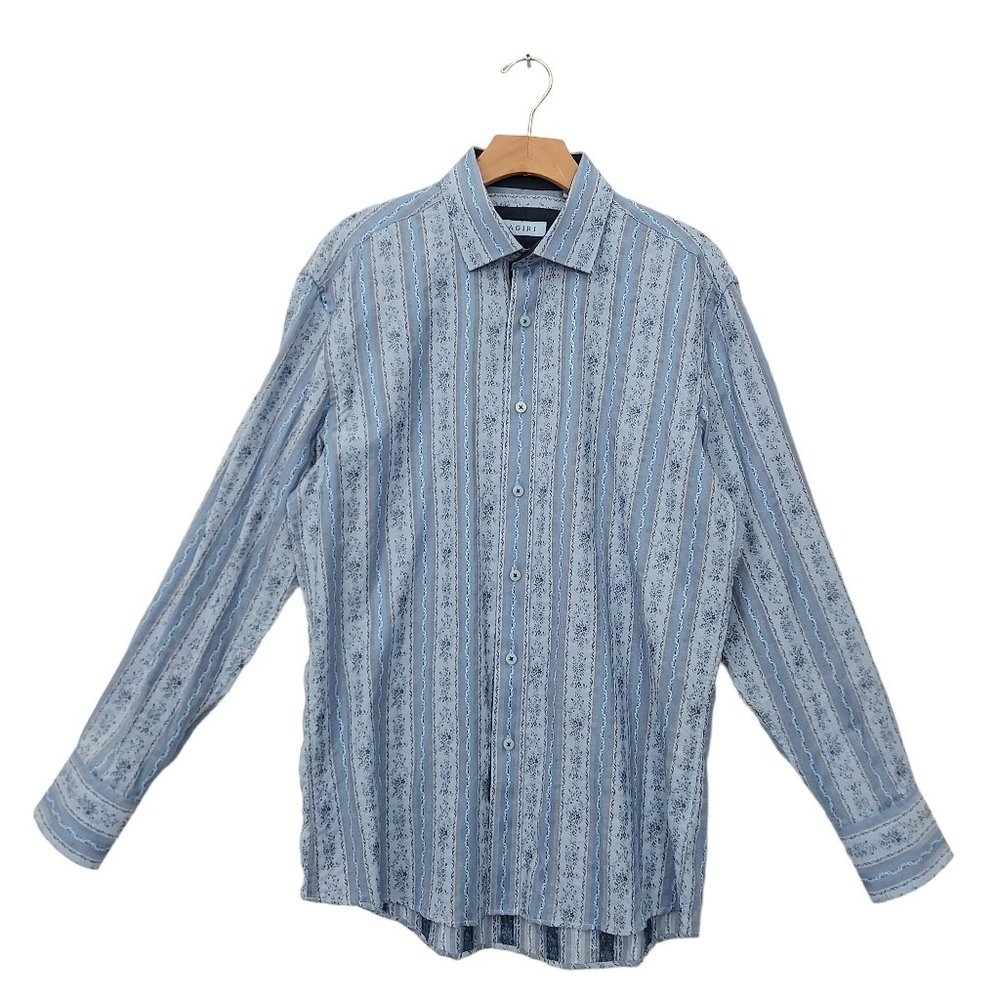 Zagiri Shirt Mens Medium Blue Button Up Long Sleeve Floral Stripes 100% Cotton